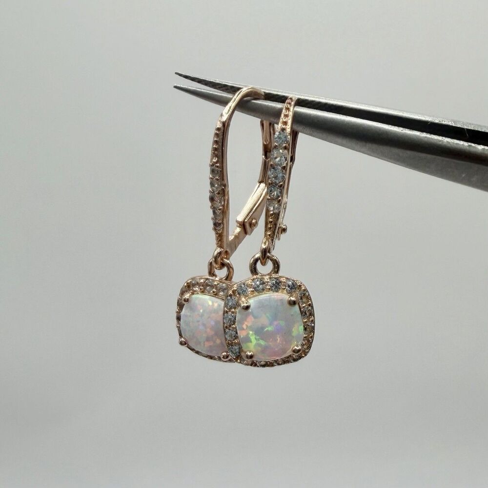 925 Sterling Silver Opal Halo Rose Gold Dangle Leverback Earrings